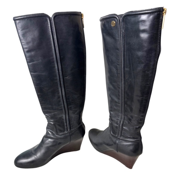 Tory Burch Black Leather Wedge Tall Boots Back Zipper Size 10.5 - Picture 1 of 15